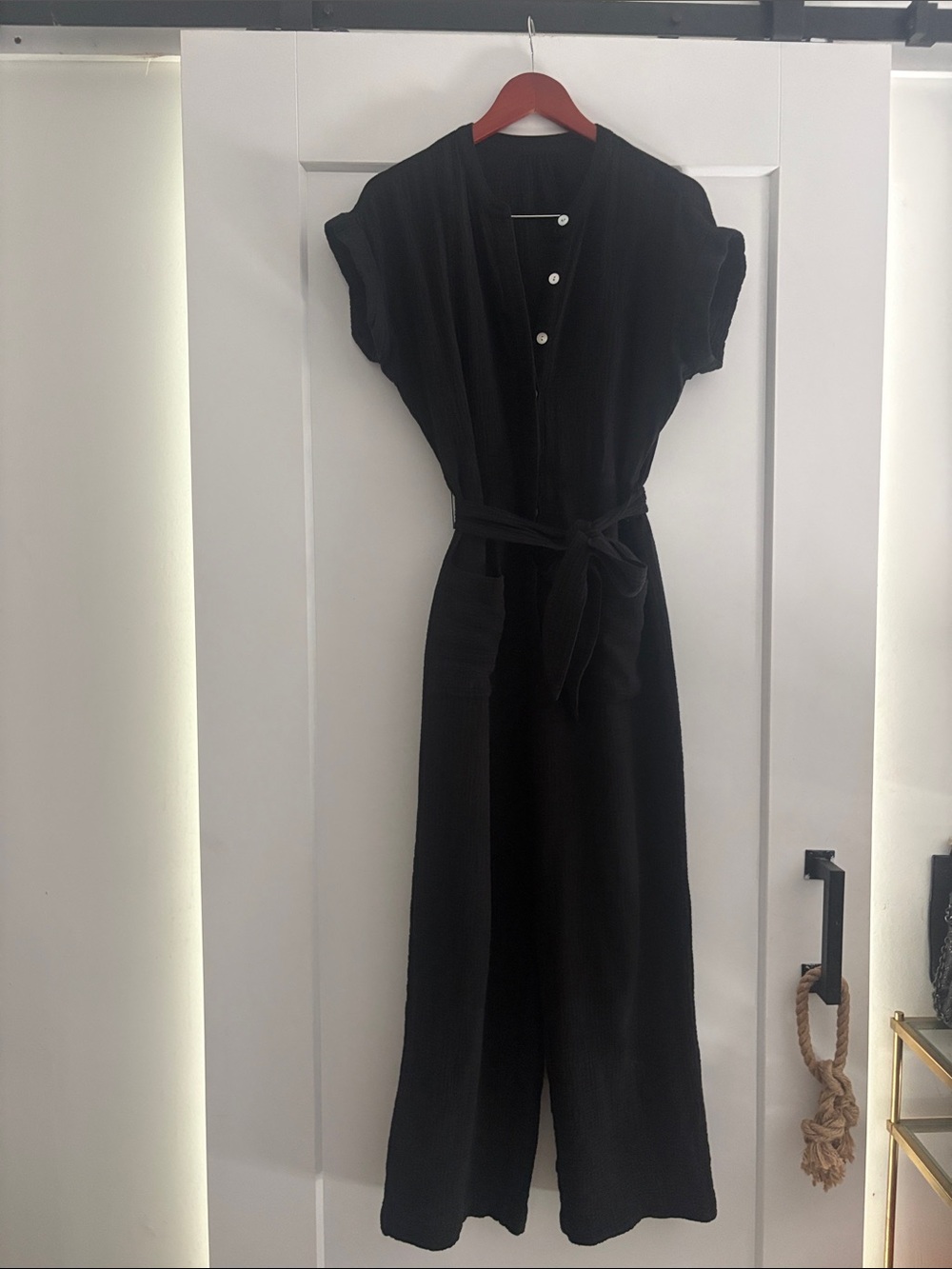 Rails Black Short-Sleeve Belted Jumpsuit